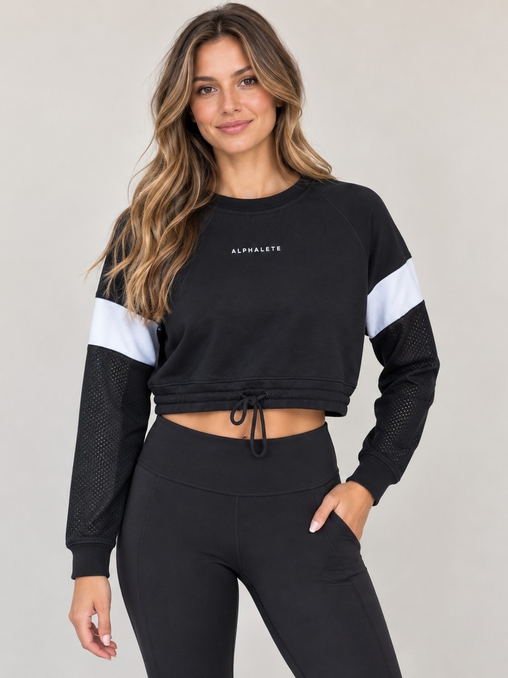 5/$25 Alphalete Black Cropped Drawcord Sweatshirt with White Sleeve Panels
